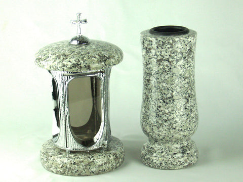 Runde Grablampe (verchromt) mit Kreuz & passender Granitvase – stilvolles 2er-Set – handgefertigt & wetterfest