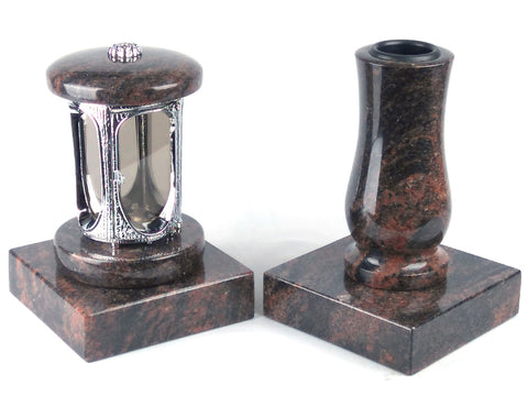 Runde Grablampe (verchromt) mit Rosette & Vase aus Granit im Set mit 2 Sockeln – handgefertigt, wetterfest & poliert