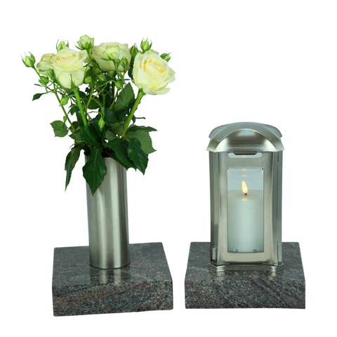 Rectangular grave lamp Royal with cross & stainless steel vase in a set with 2 granite bases 20×20×5 cm – robust & elegant