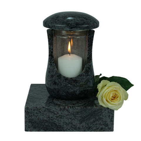 Grablampe Ceres rund aus Granit mit Glaseinsatz & Sockel 20×20×5 cm – handgefertigt & wetterfest