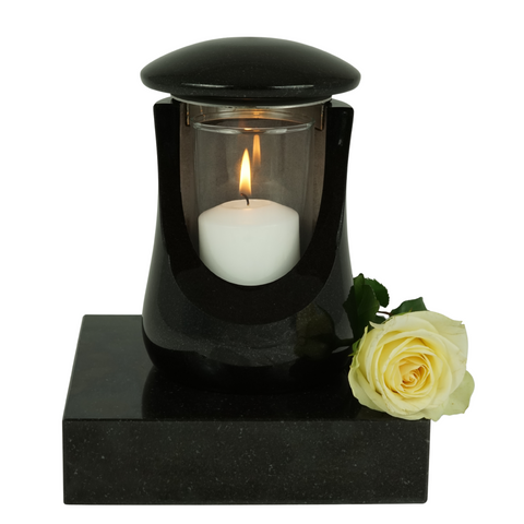 Grablampe Ceres rund aus Granit mit Glaseinsatz & Sockel 20×20×5 cm – handgefertigt & wetterfest