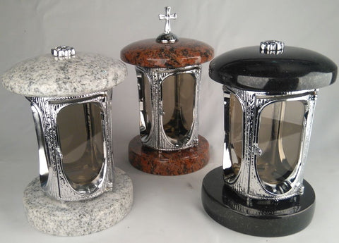 Round grave lamp made of polished granite with rosette – chrome body – height approx. 22 cm, Ø approx. 15 cm