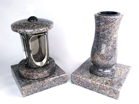 Runde Grablampe mit Rosette & Vase aus Granit im Set mit 2 Sockeln – handgefertigt, wetterfest & poliert