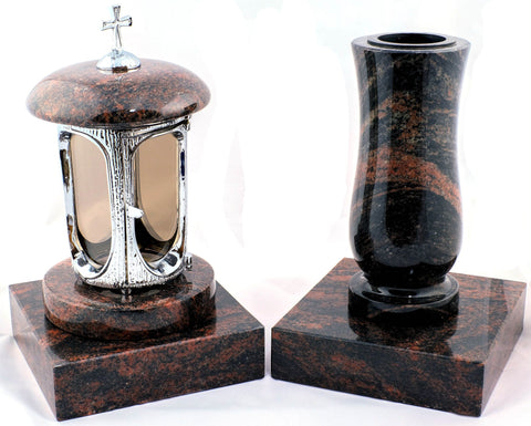 Runde Grablampe (verchromt) mit Kreuz & Vase aus Granit im Set mit 2 Sockeln – handgefertigt, wetterfest & poliert