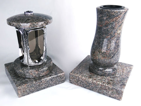 Runde Grablampe mit Rosette & Vase aus Granit im Set mit 2 Sockeln – handgefertigt, wetterfest & poliert