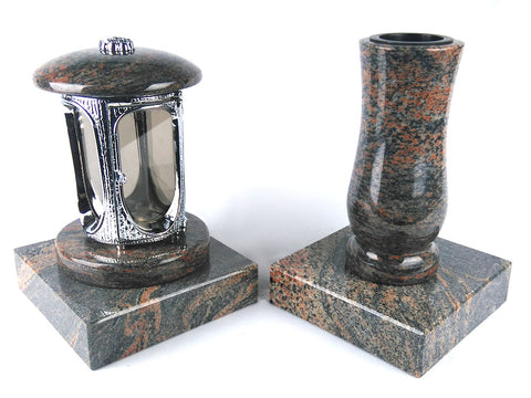 Runde Grablampe (verchromt) mit Rosette & Vase aus Granit im Set mit 2 Sockeln – handgefertigt, wetterfest & poliert
