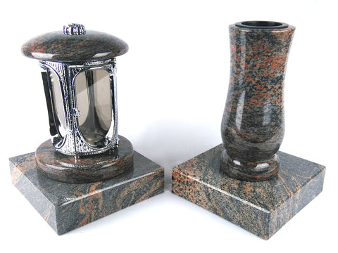 Runde Grablampe (verchromt) mit Rosette & Vase aus Granit im Set mit 2 Sockeln – handgefertigt, wetterfest & poliert
