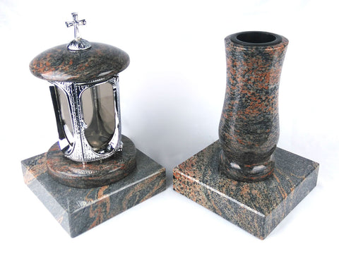 Runde Grablampe (verchromt) mit Kreuz & Vase aus Granit im Set mit 2 Sockeln – handgefertigt, wetterfest & poliert