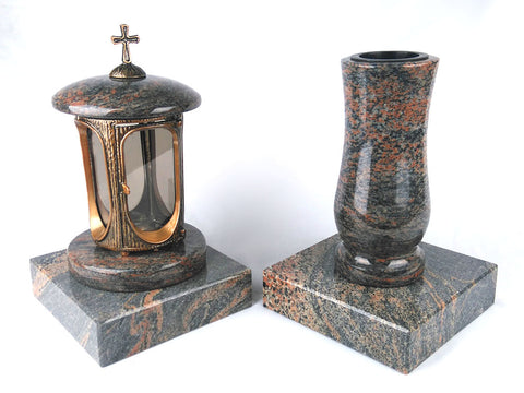 Runde Grablampe (messingfarben) mit Kreuz & Vase im Set mit 2 Granitsockeln 20×20×5 cm – handgefertigt & wetterfest