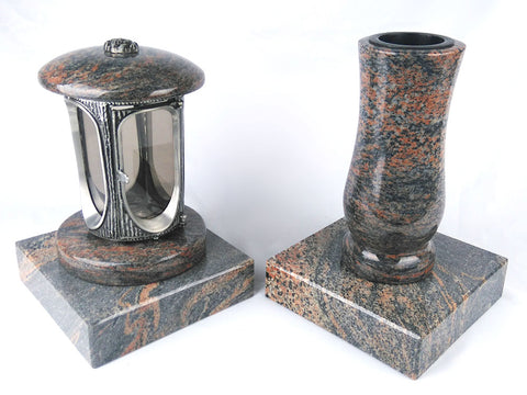 Runde Grablampe mit Rosette & Vase aus Granit im Set mit 2 Sockeln – handgefertigt, wetterfest & poliert
