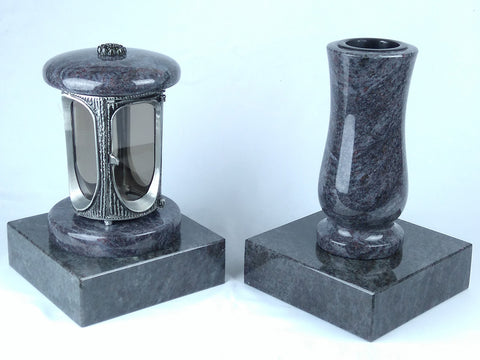 Runde Grablampe mit Rosette & Vase aus Granit im Set mit 2 Sockeln – handgefertigt, wetterfest & poliert