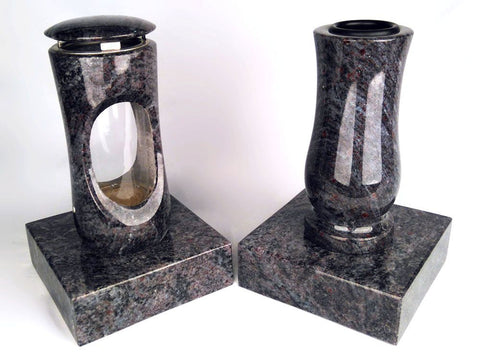 Set Grablampe Design-Small 27 cm & Vase Taille Medium mit Sockel aus Granit, hochglanzpoliert & wetterfest