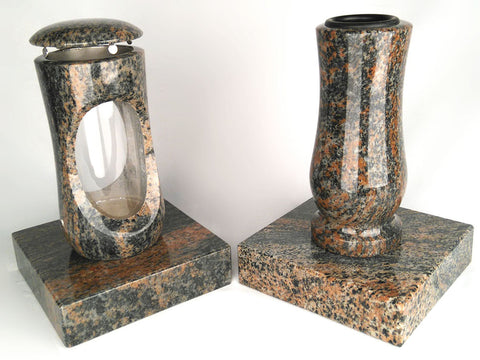 Set Grablampe Design-Small 27 cm & Vase Taille Medium mit Sockel aus Granit, hochglanzpoliert & wetterfest