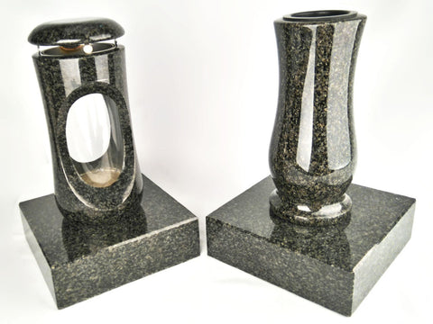 Set Grablampe Design-Small 27 cm & Vase Taille Medium mit Sockel aus Granit, hochglanzpoliert & wetterfest