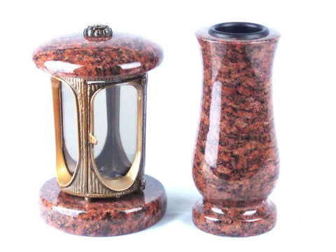 Runde Grablampe (messingfarben) mit Rosette & passender Granitvase – stilvolles 2er-Set – handgefertigt & wetterfest