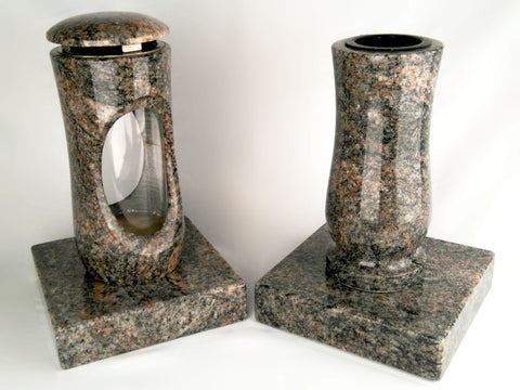 Set Grablampe Design-Small 27 cm & Vase Taille Medium mit Sockel aus Granit, hochglanzpoliert & wetterfest
