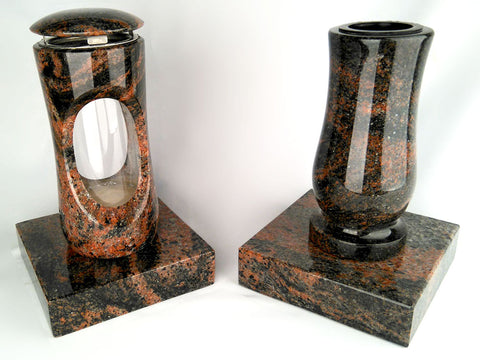 Set Grablampe Design-Small 27 cm & Vase Taille Medium mit Sockel aus Granit, hochglanzpoliert & wetterfest