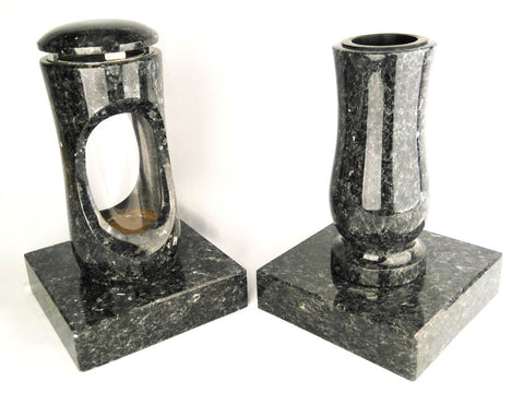 Set Grablampe Design-Small 27 cm & Vase Taille Medium mit Sockel aus Granit, hochglanzpoliert & wetterfest
