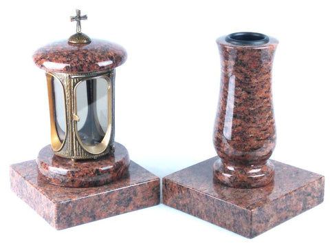 Runde Grablampe (messingfarben) mit Kreuz & Vase im Set mit 2 Granitsockeln 20×20×5 cm – handgefertigt & wetterfest