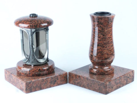 Runde Grablampe mit Rosette & Vase aus Granit im Set mit 2 Sockeln – handgefertigt, wetterfest & poliert