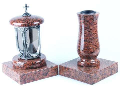 Runde Grablampe mit Kreuz & Vase aus Granit im Set mit 2 Sockeln – handgefertigt, wetterfest & poliert