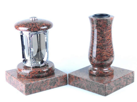 Runde Grablampe (verchromt) mit Rosette & Vase aus Granit im Set mit 2 Sockeln – handgefertigt, wetterfest & poliert