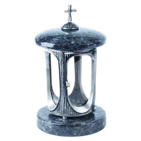 Runde Grablampe aus poliertem Granit mit Kreuz – Alu-Korpus – Höhe ca. 22 cm (mit Kreuz ca. 28 cm), Ø ca. 15 cm