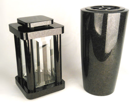 Set Schwedisch – schwarz Grablampe Modern 25,5 cm mit Grabvase Elegance 25 cm aus Granit Schwedisch Schwarz