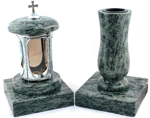 Runde Grablampe (verchromt) mit Kreuz & Vase aus Granit im Set mit 2 Sockeln – handgefertigt, wetterfest & poliert
