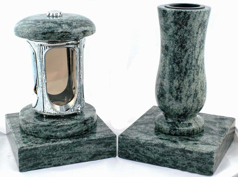 Runde Grablampe (verchromt) mit Rosette & Vase aus Granit im Set mit 2 Sockeln – handgefertigt, wetterfest & poliert