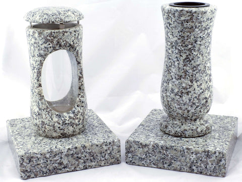 Set Grablampe Design-Small 27 cm & Vase Taille Medium mit Sockel aus Granit, hochglanzpoliert & wetterfest