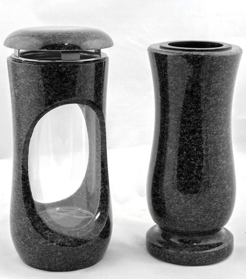 Set Grablampe Design-Small 27 cm & Vase Taille Medium aus Granit, poliert & wetterfest