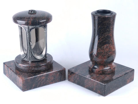 Runde Grablampe mit Rosette & Vase aus Granit im Set mit 2 Sockeln – handgefertigt, wetterfest & poliert