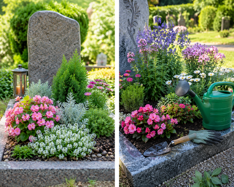Zwei sommerliche Gräber  mit Blumen und Gießkanne