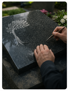 Hand auf Grabstein mit Stift - KI generiert