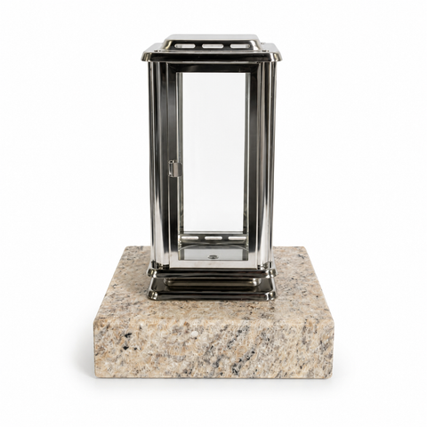 Royal grave lantern made of stainless steel with base 20×20×5 cm made of granite (grey)