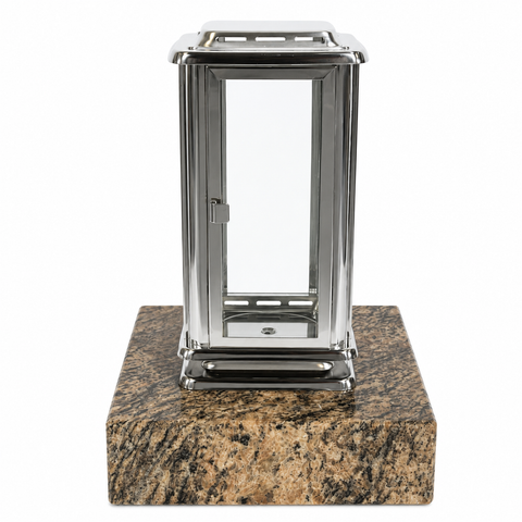 Royal grave lantern made of stainless steel with base 20×20×5 cm made of granite (grey)