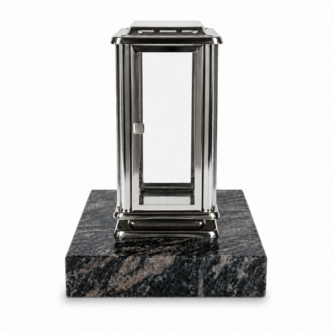 Royal grave lantern made of stainless steel with base 20×20×5 cm made of granite (grey)
