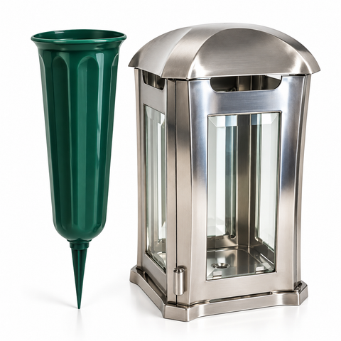 Grablampe Royal & Edelstahlvase – facettiertes Glas, handgefertigt & wetterfest