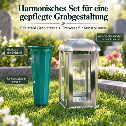 Grablampe Royal & Edelstahlvase – facettiertes Glas, handgefertigt & wetterfest
