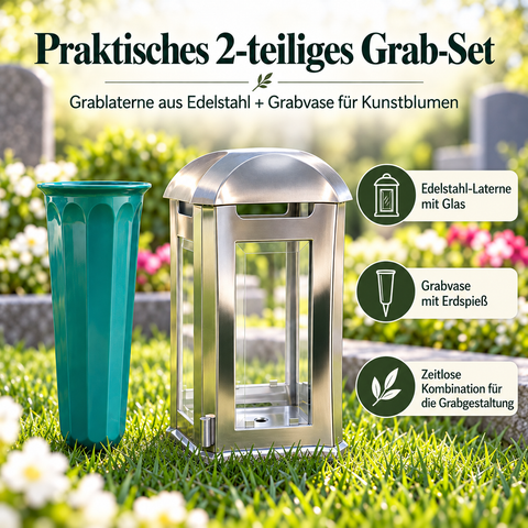 Grablampe Royal & Edelstahlvase – facettiertes Glas, handgefertigt & wetterfest
