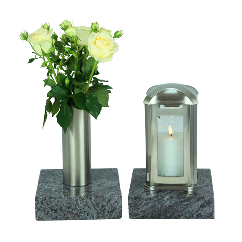 Rectangular grave lamp Royal with cross &amp; stainless steel vase in a set with 2 granite bases 20×20×5 cm – robust &amp; elegant