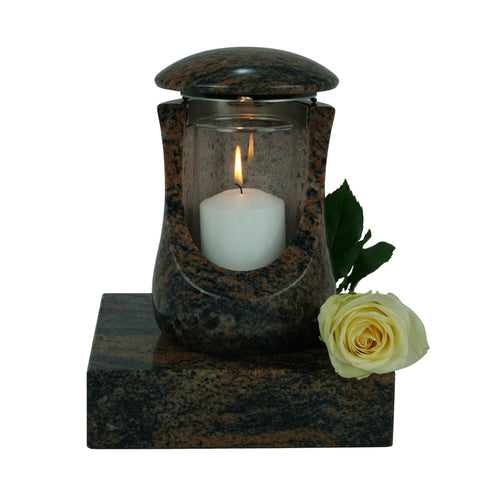 Lampe funéraire ronde Cérès en granit avec insert en verre et base 20×20×5 cm – fabriquée à la main et résistante aux intempéries
