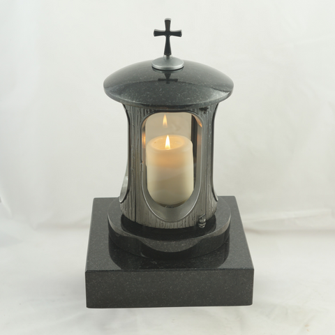 Grave lamp antique aluminum with cross &amp; real granite base – handmade, weatherproof &amp; polished