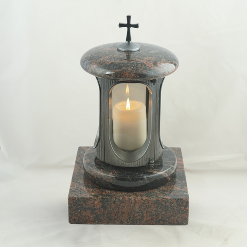 Grave lamp antique aluminum with cross &amp; real granite base – handmade, weatherproof &amp; polished