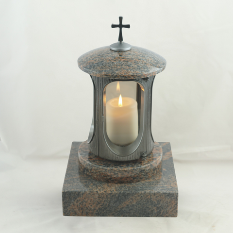 Grave lamp antique aluminum with cross &amp; real granite base – handmade, weatherproof &amp; polished
