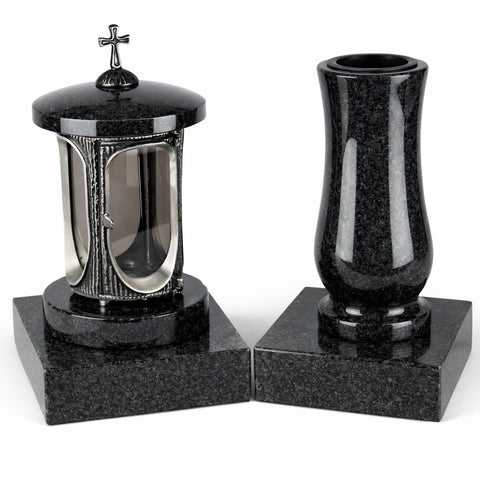 Lampe funéraire ronde avec croix et vase en granit dans un ensemble avec 2 bases – fait main, résistant aux intempéries et poli