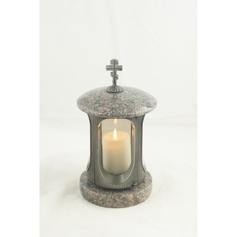 Runde Grablampe aus poliertem Granit mit orthodoxes Kreuz – Alu-Korpus – Höhe ca. 22 cm, Ø ca. 15 cm