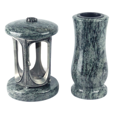 Runde Grablampe mit Rosette & runder Granitvase im Set – handgefertigt, wetterfest & poliert