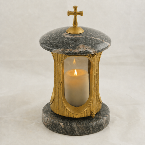 Runde Granit-Grablampe mit Kreuz – messingfarben – Höhe 28cm Ø 15cm